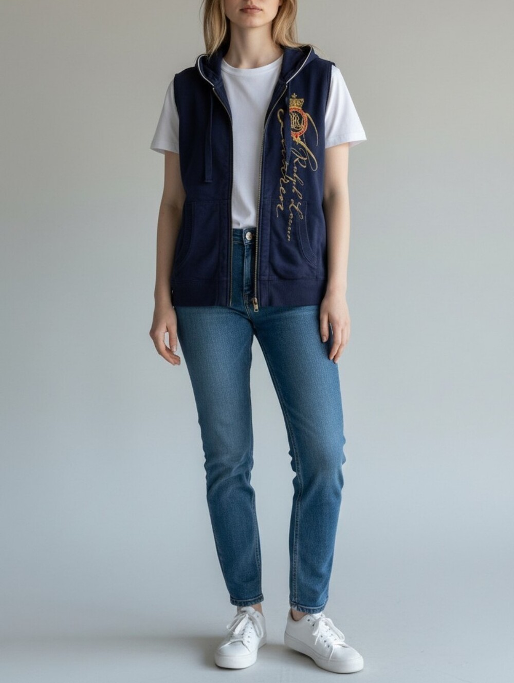 The Lauren Jeans Sleeveless Hooded Zip Vest Womens XS Blue Boho Retro 90s Y2K